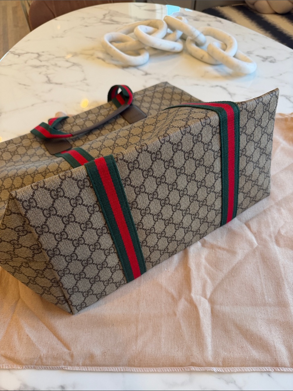 “Gucci” Beige GG Canvas Tote with Green and Red Web Straps - Picture 5 of 11